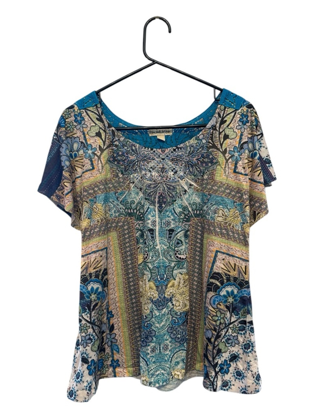 Vintage Y2K Live And Let Live Teal Blue Multicolor Floral Paisley Boho Top Large